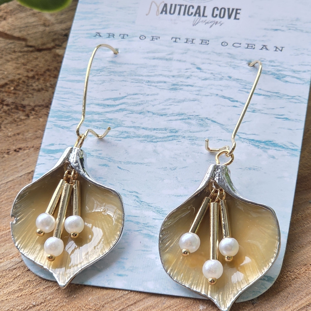 Gold and Silver Leaf Pearl Earrings